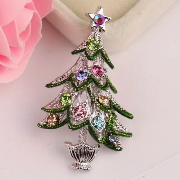 Jewelry - NEW Silver and Pastel Jeweled Retro MCMChristmas Tree Brooch Pin